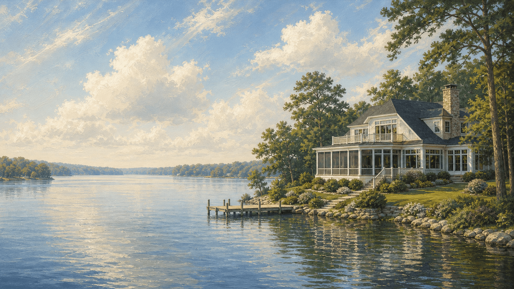 Painted lakeside home artwork for Proctor's HomeWatch
